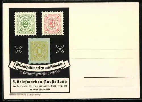 AK Münster i. W., 3. Briefmarken-Ausstellung 1936, Privatpostmarken von Münster
