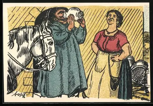 Künstler-AK München-Schwabing, Verein dt. Kunststudierender, Bauernkirta 1925, Frau gibt einem Kutscher zu trinken