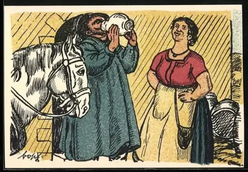 Künstler-AK München-Schwabing, Verein dt. Kunststudierender, Bauernkirta 1925, Frau gibt einem Kutscher zu trinken