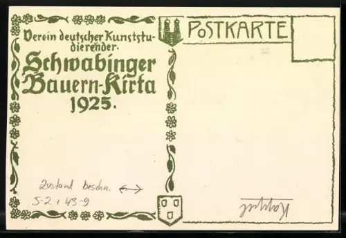 Künstler-AK München-Schwabing, Verein dt. Kunststudierender, Bauernkirta 1925, Frau gibt einem Kutscher zu trinken