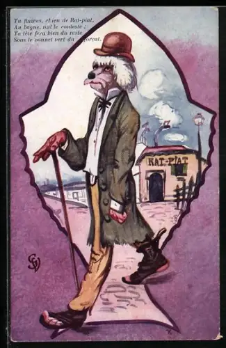 Künstler-AK Vermenschlichter Pudel spaziert durch einen Ort