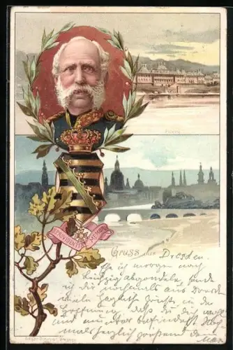 Lithographie Dresden, König Albert von Sachsen, Wappen