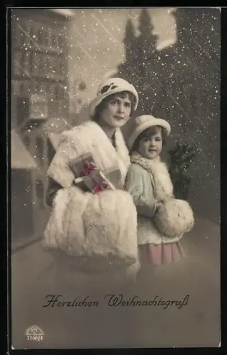 Foto-AK R & K / L Nr. 7166/4: Mutter und Tochter beim Weihnachtseinkauf, Herzlichen Weihnachtsgruss