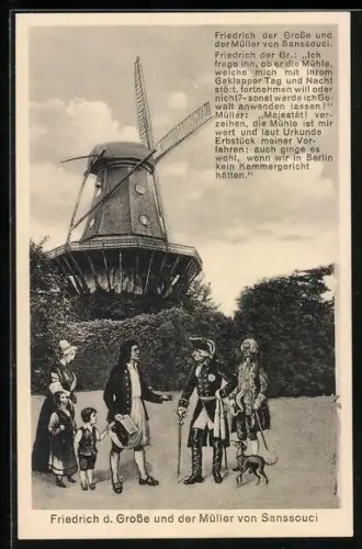 AK König Friedrich II. (der Grosse) trifft den Müller von Sanssouci vor der Windmühle