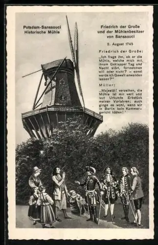 AK Potsdam, König Friedrich II. (der Grosse) mit dem Müller vor der historischen Windmühle