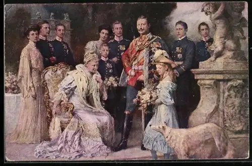 Künstler-AK Kaiser Wilhelm II. mit Familie und Windhund