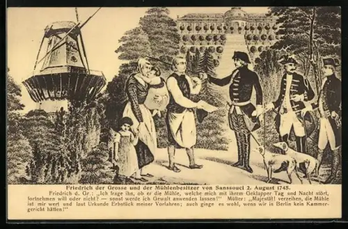 AK Potsdam, König Friedrich II. (der Grosse) und der Mühlenbesitzer von Sanssouci am 2. August 1745