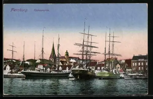 AK Flensburg, Hafenpartie mit Segelschiffen im Hafen