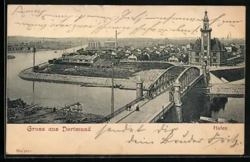 AK Dortmund, Hafen und Brücke aus der Vogelschau