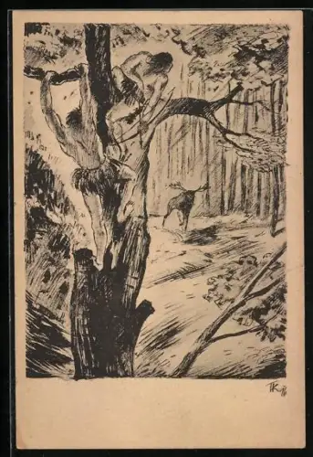 AK Steinzeitmensch sitzt mit Pfeil und Bogen auf einem Baum und macht Jagd auf einen Elch, Ausgrabung