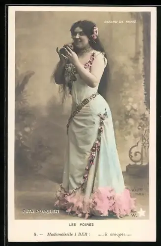 Foto-AK Walery, Paris: Elegante junge Frau hält eine Birne in der Hand, Les Poires