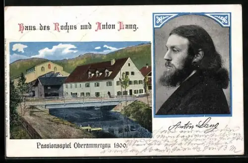 Künstler-AK Oberammergau, Haus des Rochus, Portrait des Christus-Darstellers Anton Lang - Passionsspiel 1900