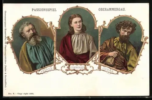 AK Oberammergau, Rollen des Pretus, Johannes und des Judas bei den Passionsspielen in der Stadt