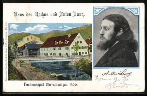 Künstler-AK Oberammergau, Haus des Rochus, Portrait des Christus-Darstellers Anton Lang - Passionsspiel 1900