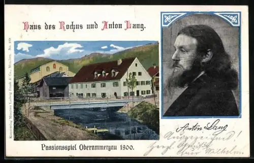 Künstler-AK Oberammergau, Haus des Rochus, Portrait des Christus-Darstellers Anton Lang - Passionsspiel 1900