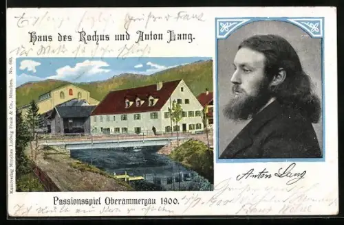 Künstler-AK Oberammergau, Haus des Rochus, Portrait des Christus-Darstellers Anton Lang - Passionsspiel 1900