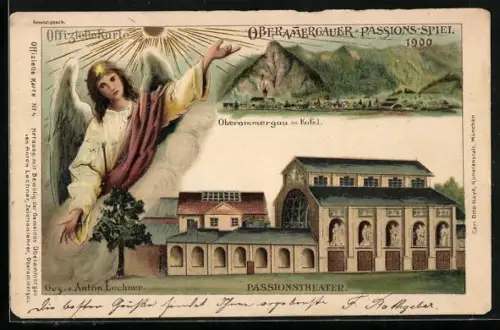 Künstler-Lithographie Oberammergau, Passionspiel 1900, Totale und Passionstheater