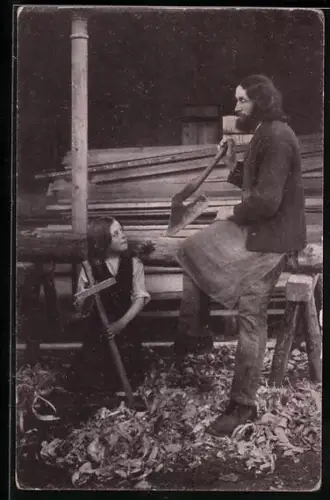 AK Erl, Passionsspiel 1913, Der Christusdarsteller Kaspar Pfisterer als Zimmermann mit seinem Sohne