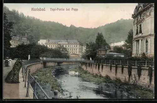 AK Karlsbad, Tepl-Partie bei Pupp, mit Brücke
