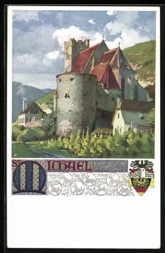 Künstler-AK R. Assmann: Weissenkirchen in der Wachau, Whrkirche St. Michael, Wappen der Südmark