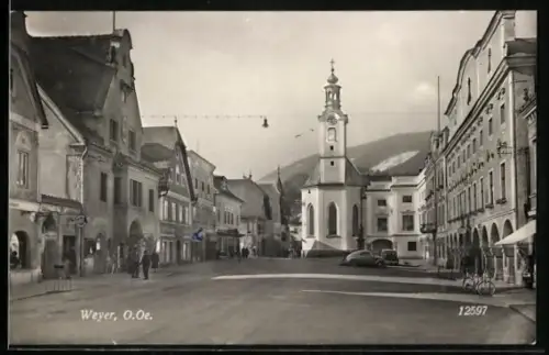 AK Weyer /O. Oe., Blick zur Kirche, Tabak-Handlung