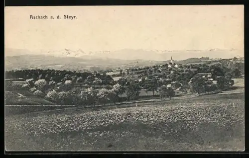 AK Aschach a. d. Steyr, Ortspanorama mit Bergen