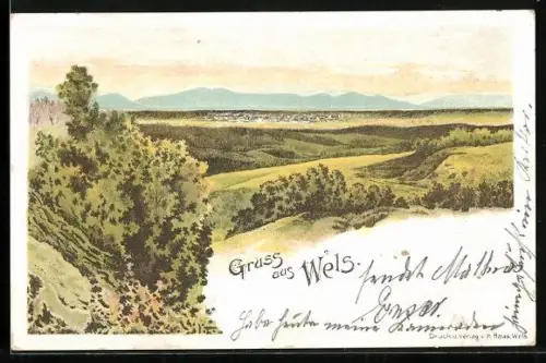 Lithographie Wels, Landschaftspanorama mit Blick zum Ort