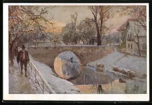 Künstler-AK Klagenfurt, Brücke über den Lendkanal im Winter