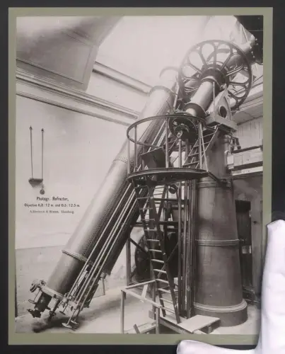 Fotografie A. Repsold & Söhne, Hamburg, Ansicht Potsdam, Refraktor der Sternwarte, Objektiv 0,8/12m und 0,5 / 12,5m
