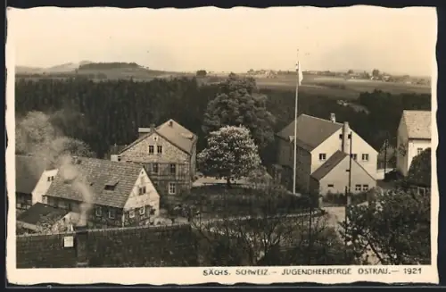AK Ostrau /Sächs. Schweiz, Jugendherberge aus der Vogelschau, 1921