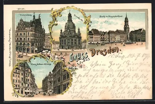 Lithographie Dresden, Frauenkirche, Victoriahaus, Markt mit Siegesdenkmal, König-Johann-Strasse