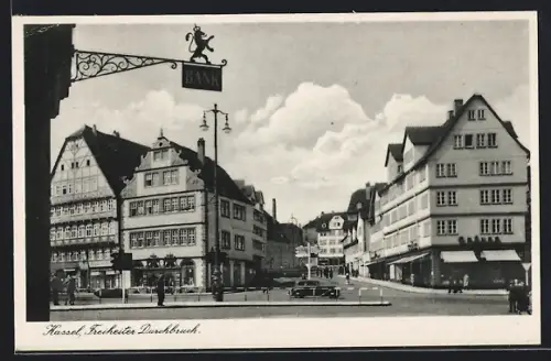 AK Kassel, Freiheiter Durchbruch, Panorama mit Strasse u. Geschäften, Bank-Schild
