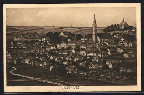 AK Velden /Vils, Ortsansicht mit Kirche und Hügelkapelle, Brücke