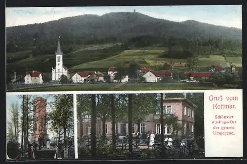 AK Kottmar, Gasthof, Aussichtsturm, Ortspanorama