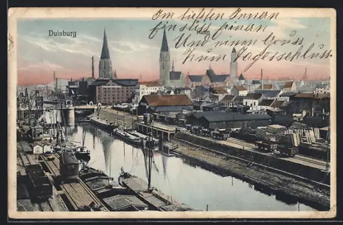 AK Duisburg, Hafen mit Stadtpanorama und Kirchtürmen