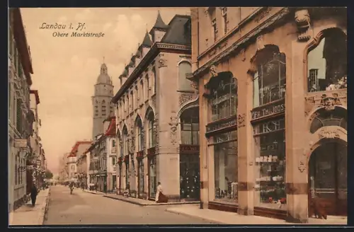 AK Landau i. Pf., Obere Marktstrasse mit Geschäften u. Turm