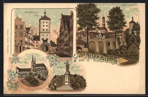 Lithographie Augsburg, Wertachbrucker Thor, Dom, Friedens-Denkmal, Rotes Thor m. St. Ulrich