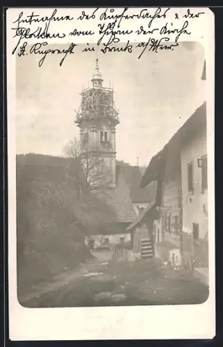 Foto-AK Bruck a. d. Mur, Kirche St. Ruprecht, eingerüsteter Kirchturm