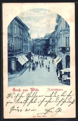 AK Wels, Schmidtgasse mit Geschäften