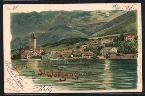 Künstler-AK St. Wolfgang am See, Ortsansicht mit Kirche bei Vollmond