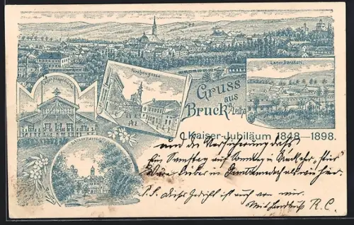 Lithographie Bruck a. Leitha, Kirchengasse, Lager-Hauptwache, Schloss Harrach