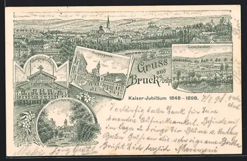 Lithographie Bruck a. Leitha, Kirchengasse, Lager-Hauptwache, Schloss Harrach
