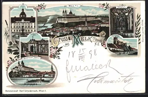 Lithographie Melk a. Donau, Benedictiner-Abtei, Portal des Stiftes, Prälatenhof, Hochaltar, Ruine Weitenegg