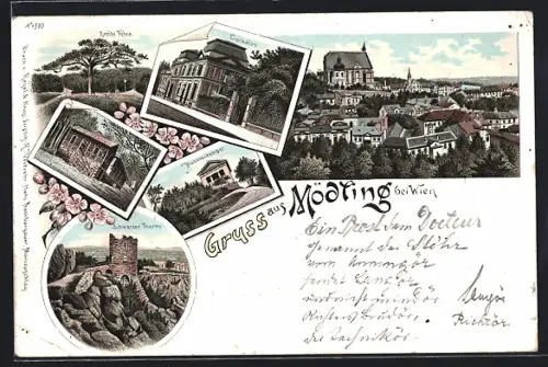 Lithographie Mödling, Ortsansicht von oben, Cursalon, Breite Föhre, Husarentempel