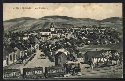 Künstler-AK Gross Engersdorf am Russbach, Ortsansicht aus der Vogelschau, ankommender Zug mit Dampflokomotive