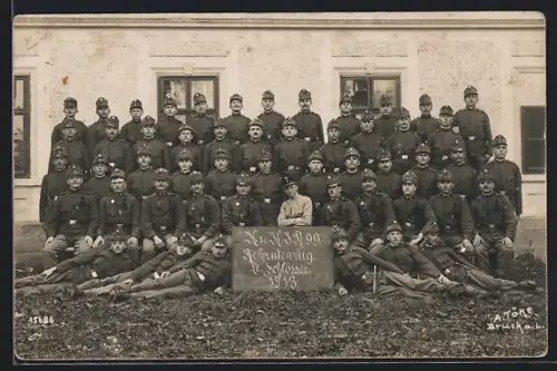 Foto-AK Bruck a. L., Rekrutenzug des Leutnants Schlösser im k.u.k. Inf.-Rgt. 99, 1913