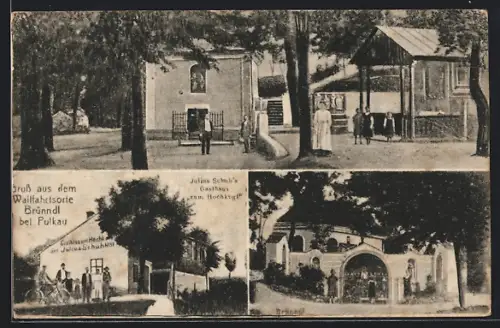 AK Pulkau, Gruss aus Brünndl, Gasthaus zum Hochkogl von Julius Schuh, Strassenpartie