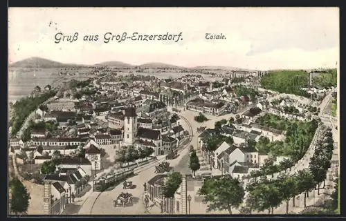 Künstler-AK Gross-Enzersdorf, Fliegeraufnahme der Ortschaft