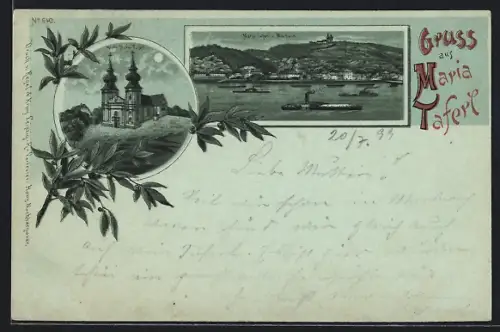 Mondschein-AK Maria Taferl, Blick auf Maria Taferl und Marbach, Dampfschiffe auf der Donau, Kirche Maria Taferl