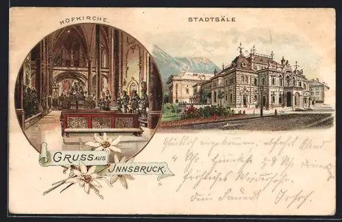 Lithographie Innsbruck, Innenansicht der Hofkirche, Stadtsäle, Edelweiss